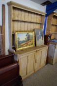 VICTORIAN PINE KITCHEN DRESSER WITH DOUBLE DOOR BASE, 142CM WIDE