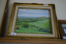 20TH CENTURY SCHOOL, STUDY OF TWO FIGURES SAT ON A GRASSY HILL, UNSIGNED, GILT FRAMED