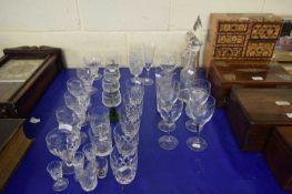 MIXED LOT VARIOUS DRINKING GLASSES, GLASS DECANTERS ETC