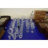 MIXED LOT VARIOUS DRINKING GLASSES, GLASS DECANTERS ETC