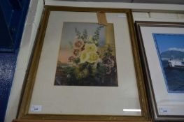 STUDY OF A SPRAY OF HOLLYHOCKS, COLOURED PRINT, GILT FRAMED