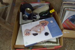 BOX CONTAINING KITCHEN WARES, MICROSCOPE, JIGSAW PUZZLE ETC