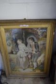 LARGE 19TH CENTURY TAPESTRY PICTURE OF LOVERS SET IN A HEAVY GILT FRAME