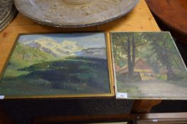 MIXED LOT : OIL ON BOARD STUDY OF A FARMYARD, TOGETHER WITH A FURTHER STUDY OF A MOUNTAIN SCENE,