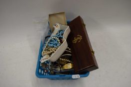 MIXED LOT VARIOUS COSTUME JEWELLERY, COLLECTORS SPOONS, WATCHES, MINERAL SAMPLES ETC