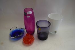 FOUR ART GLASS VASES AND A FURTHER GLASS ASHTRAY