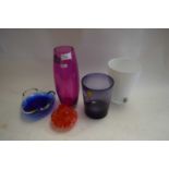 FOUR ART GLASS VASES AND A FURTHER GLASS ASHTRAY