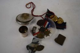 BOX OF MIXED ITEMS TO INCLUDE A SILVER PLATED TOBACCO PEBBLE, VARIOUS SWIMMING MEDALS, ETC