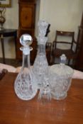 MIXED LOT : TWO DECANTERS, GLASS BELL AND A GLASS COVERED JAR