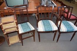 MIXED LOT PAIR OF DINING CHAIRS, FURTHER BEDROOM CHAIR AND A WICKER SHELF UNIT (4)