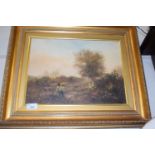 EDWARD DYER, FIGURES IN A WOODED LANDSCAPE, OIL ON CANVAS, GILT FRAMED