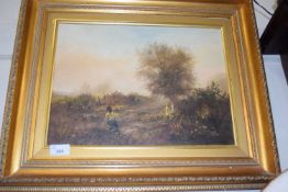 EDWARD DYER, FIGURES IN A WOODED LANDSCAPE, OIL ON CANVAS, GILT FRAMED