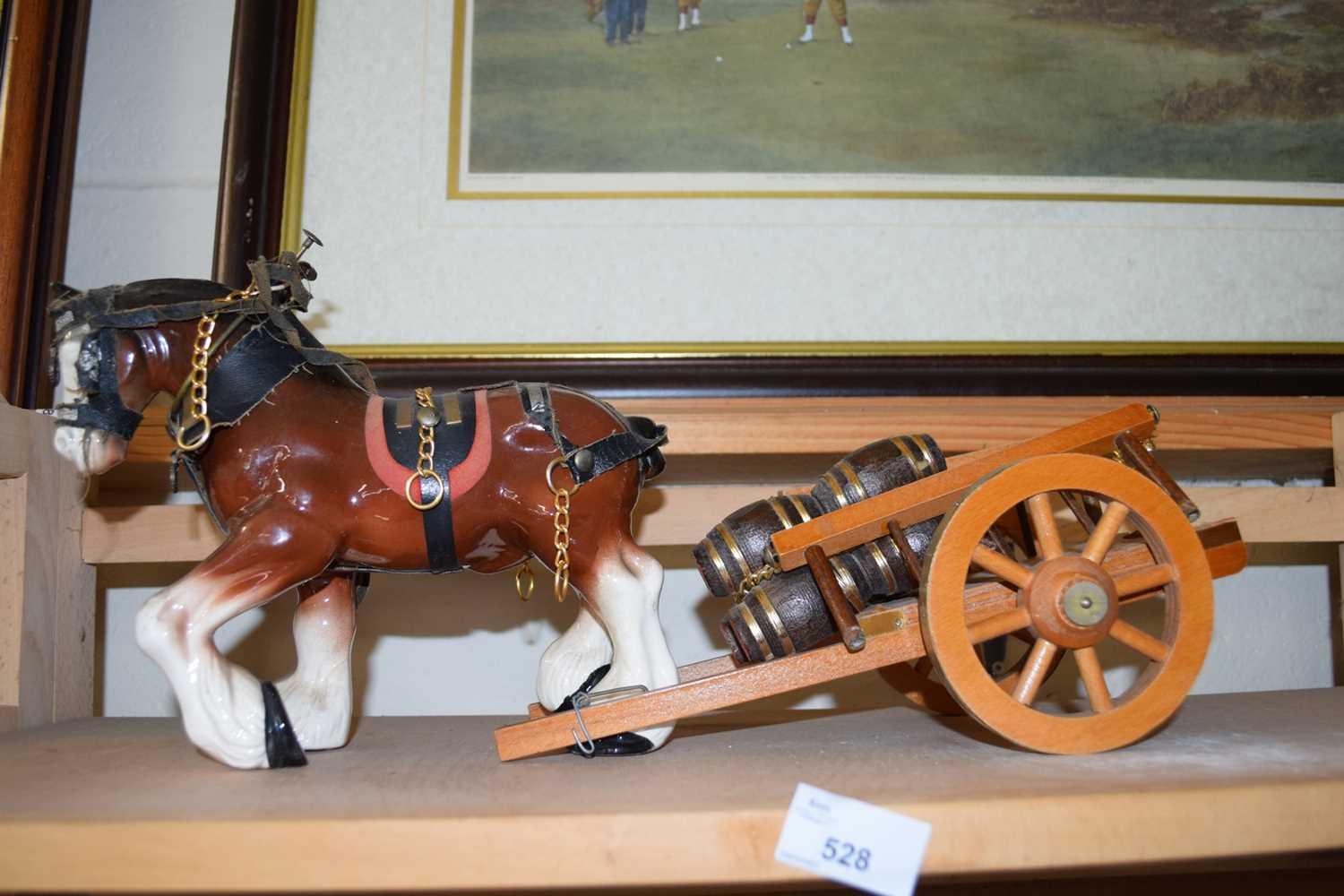 MODERN CERAMIC DRAY HORSE AND WOODEN CART