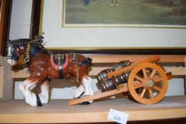 MODERN CERAMIC DRAY HORSE AND WOODEN CART