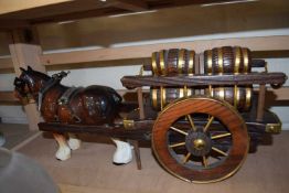 MODERN CERAMIC DRAY HORSE AND WOODEN CART