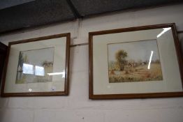 LATE 19TH/EARLY 20TH CENTURY SCHOOL PAIR OF WATERCOLOUR STUDIES, RIVERSIDE AND HARVEST SCENES