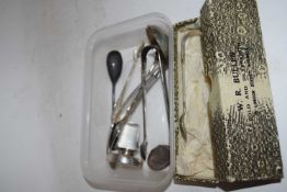 BOX VARIOUS SILVER AND PLATED WARES TO INCLUDE SILVER MOUNTED BOTTLE STOPPER, VARIOUS SUGAR TONGS,