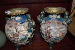 PAIR OF LATE 19TH/EARLY 20TH CENTURY JAPANESE SATSUMA TYPE THREE FOOTED VASES