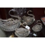 GROUP OF FOUR CUT GLASS AND WHITE METAL MOUNTED MODEL SWANS, THE WINGS STAMPED 925, VARIOUS SIZES,