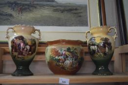 PAIR OF DOUBLE HANDLED VASES DECORATED WITH HORSES, TOGETHER WITH A FURTHER SIMILAR JARDINIERE