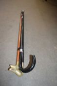 MIXED LOT VARIOUS WALKING STICKS, TWO WITH BRASS ANIMAL HEAD HANDLES