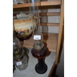 SMALL OIL LAMP WITH COLOURED GLASS BASE