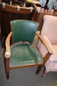 OAK FRAMED BOW BACK CHAIR WITH GREEN LEATHERETTE UPHOLSTERY