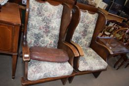 PAIR OF OAK FRAMED WING BACK CHAIRS