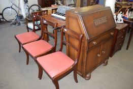 OAK VENEERED BUREAU AND THREE MAHOGANY DINING CHAIRS (4)