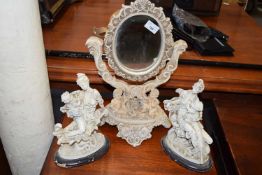 RESIN FRAMED DRESSING TABLE MIRROR WITH CHERUB MOUNTS PLUS TWO FURTHER RESIN ORNAMENTS (3)