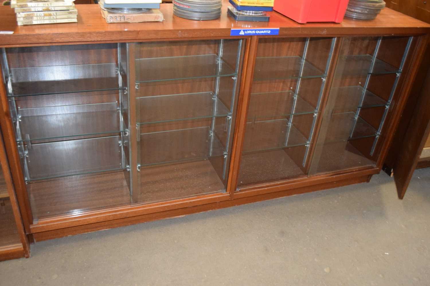 VINTAGE SHOP DISPLAY CABINET WITH FOUR SLIDING GLASS DOORS AND GLASS SHELVED INTERIOR, 180CM WIDE