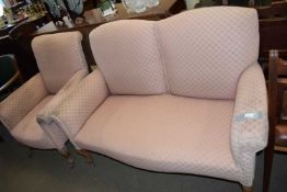 CABRIOLE LEGGED TWO-SEATER SOFA AND MATCHING ARMCHAIR (FOR RE-UPHOLSTERY)