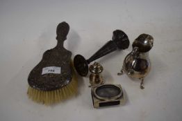 MIXED LOT SILVER THREE FOOTED CREAM JUG PLUS FURTHER DRESSING TABLE BRUSH, STEM VASE, MATCHBOX COVER