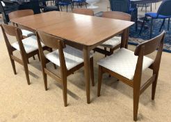 Mid-century teak extending dining table and six accompanying chairs, table 153cm wide unextended (