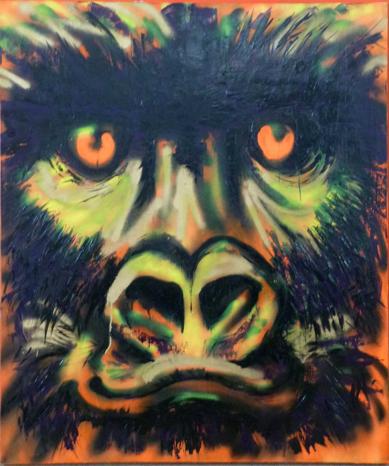 Contemporary school, large graffiti on canvas, head of a gorilla, unframed, 100cm wide