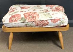 Ercol light elm foot stool of rectangular form with webbing strung feet and floral cushion, 70cm