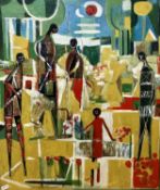 Follower of Cecil Skotnes, (South African, 20th Century), figurative composition, oil on board,