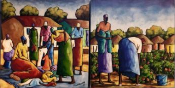 Peter Kwangware (Zimbabwean, Contemporary), A pair of African scenes depicting a clothes vendor