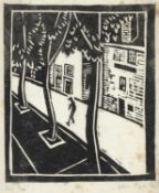 John Piper (British, 20th Century), Street Scene with Figure and Trees. Woodcut printed in black,