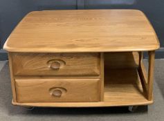 Ercol light elm low square coffee table with drawers, 78cm wide