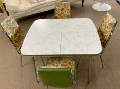 Acme marbled melamine top chrome legged extending dining table and four accompanying chairs, table
