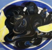Danka Napiorkowska (British, Contemporary), Still Life: mussels and sliced lemon on a blue