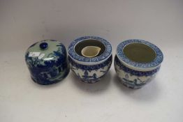 TWO BLUE AND WHITE JARDINIERES, CHEESE COVER AND A JUG