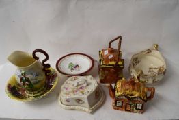 PRICE KENSINGTON COTTAGE WARE TEA POT, BISCUIT BARREL, CHEESE DISH, CROWN DEVON MUSICAL JUG,