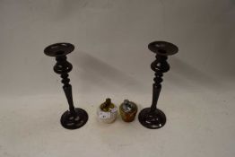 PAIR OF METAL CANDLESTICKS AND TWO POLISHED STONE TABLE LIGHTERS