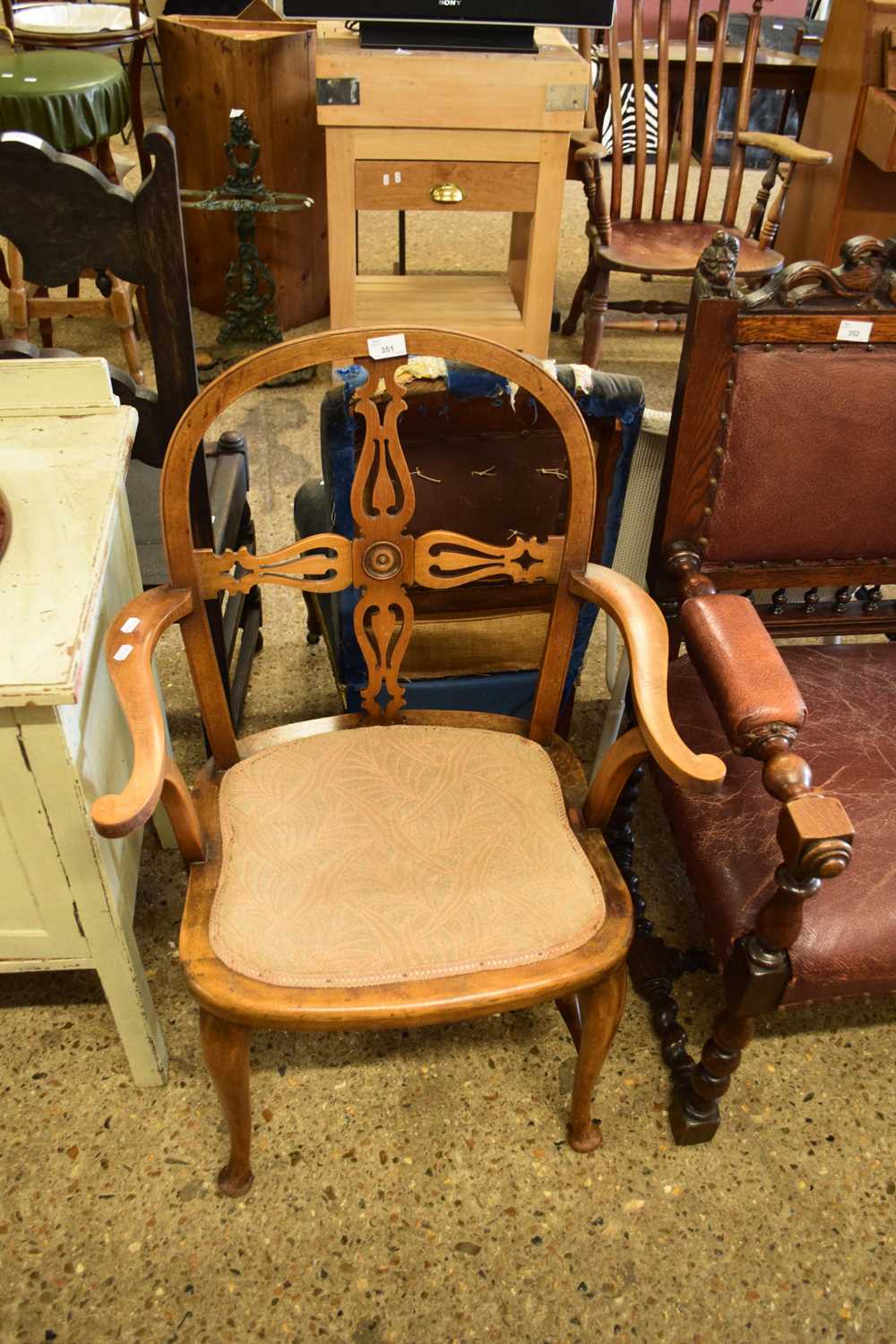 EARLY 20TH CENTURY CABRIOLE LEGGED ARMCHAIR, 60CM WIDE