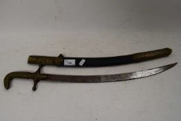 MIDDLE EASTERN SHORT SWORD WITH CURVED BLADE AND BRASS MOUNTED SHEATH