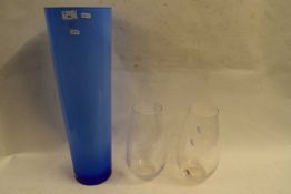 LARGE POLISH PALE BLUE GLASS CYLINDRICAL VASE BY LSA, TOGETHER WITH TWO FURTHER CLEAR GLASS VASES