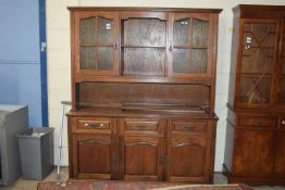 REPRODUCTION OAK TWO PIECE SIDEBOARD OR DRESSER WITH GLAZED TOP SECTION, 151CM WIDE