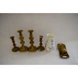 VARIOUS BRASS CANDLESTICKS, VASES, SMALL VESTA HOLDER FORMED AS AN OWL AND OTHER ITEMS